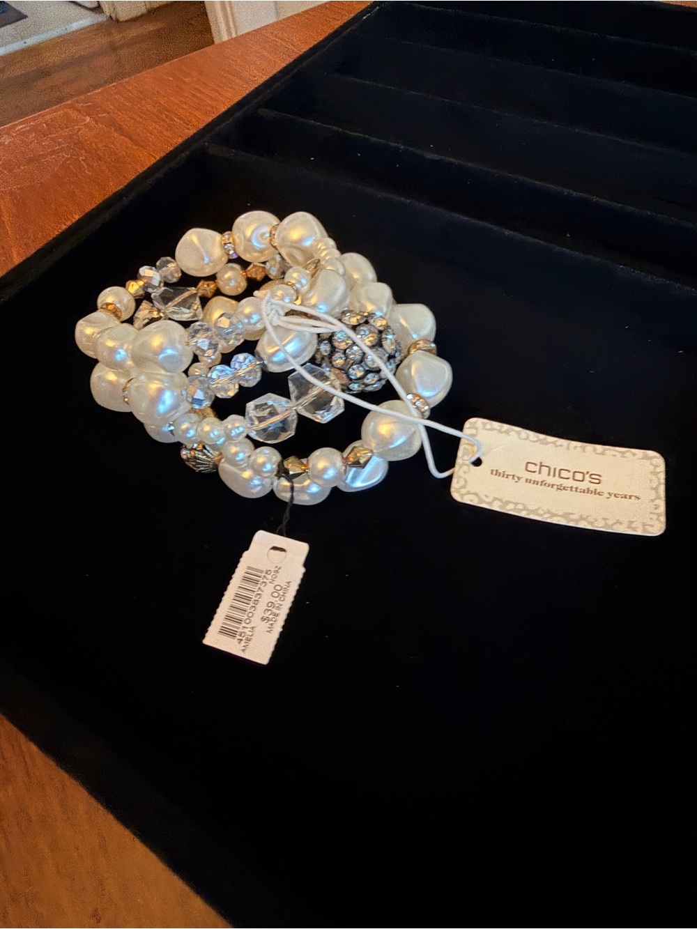 Chico's White Pearl & Crystal Multi-Strand Coil Wrap Around Bracelet